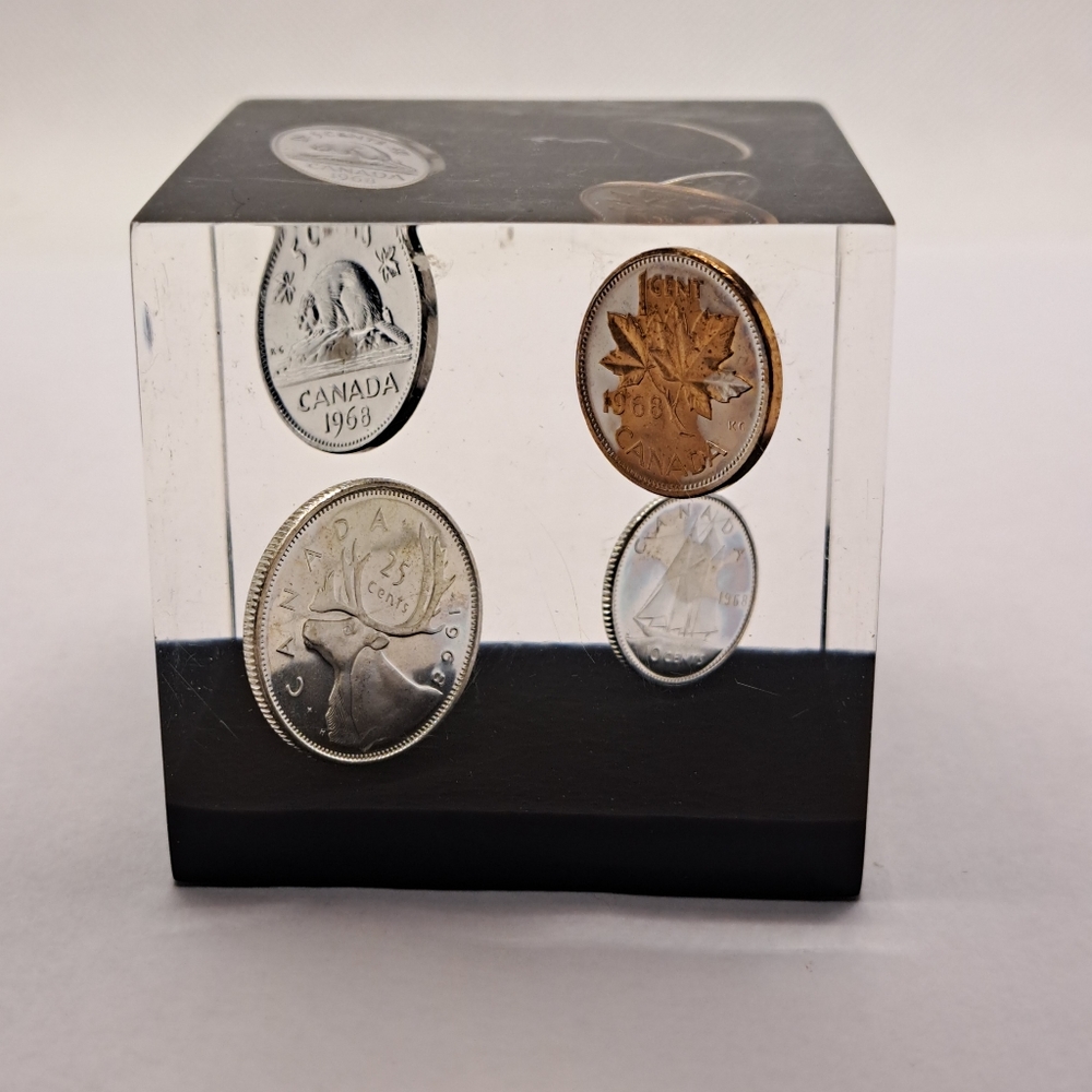 1968 Canada Coins In Lucite PaperWeight.